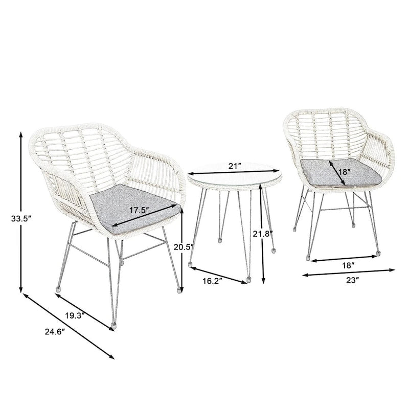 Ensemble de conversation 3 pièces en rotin avec table basse et plateau en verre