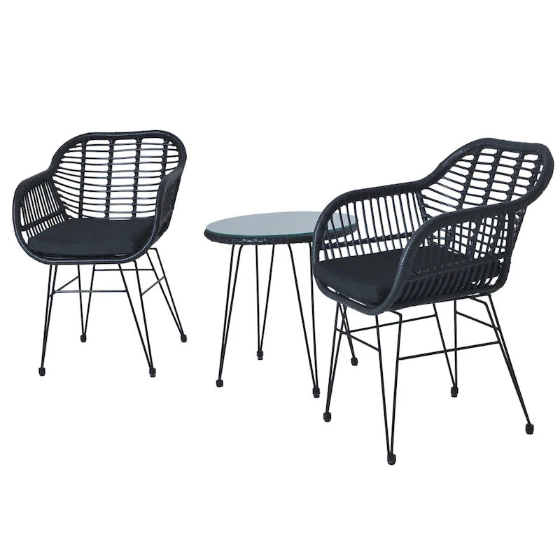 Ensemble de conversation 3 pièces en rotin avec table basse et plateau en verre