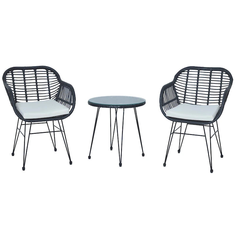 Ensemble de conversation 3 pièces en rotin avec table basse et plateau en verre