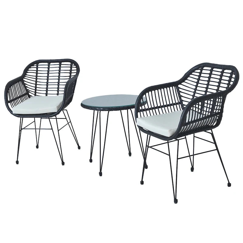 Ensemble de conversation 3 pièces en rotin avec table basse et plateau en verre