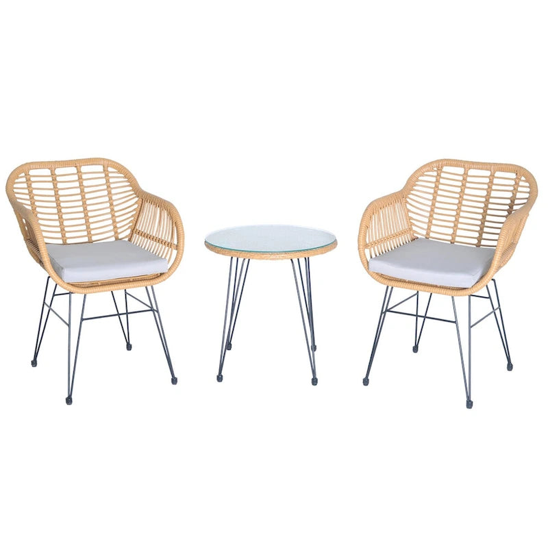 Ensemble de conversation 3 pièces en rotin avec table basse et plateau en verre