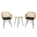 Ensemble de conversation 3 pièces en rotin avec table basse et plateau en verre
