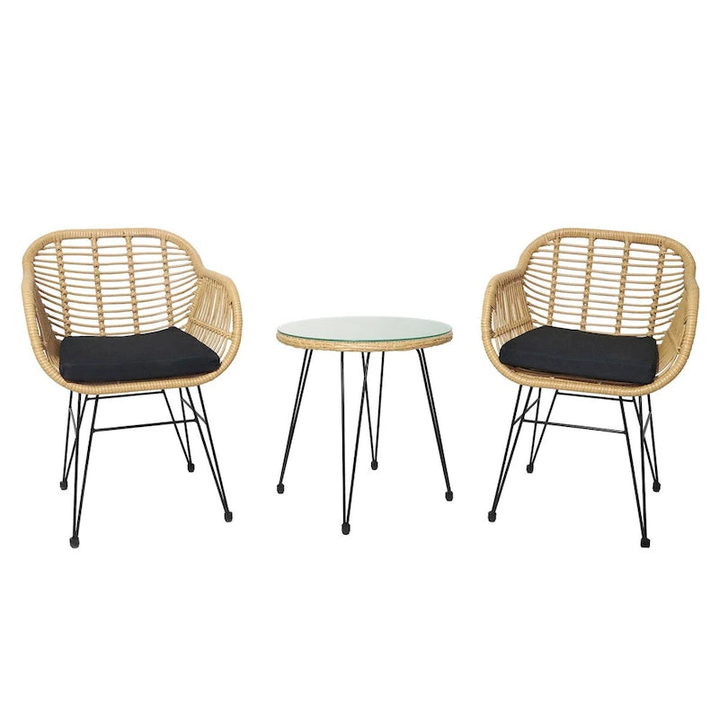 Ensemble de conversation 3 pièces en rotin avec table basse et plateau en verre