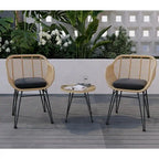 Ensemble de conversation 3 pièces en rotin avec table basse et plateau en verre