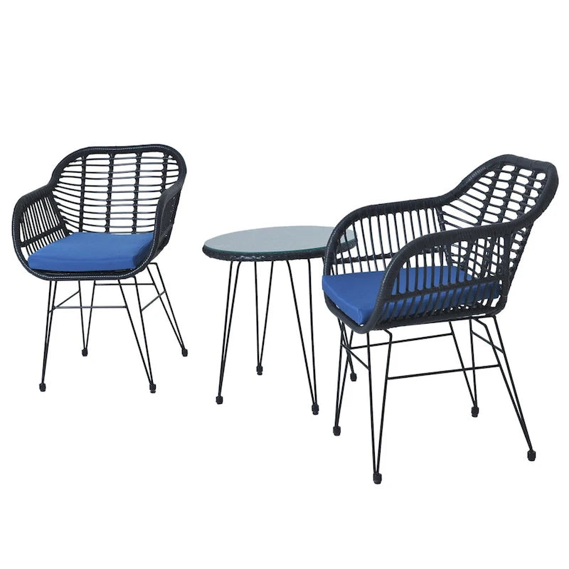 Ensemble de conversation 3 pièces en rotin avec table basse et plateau en verre