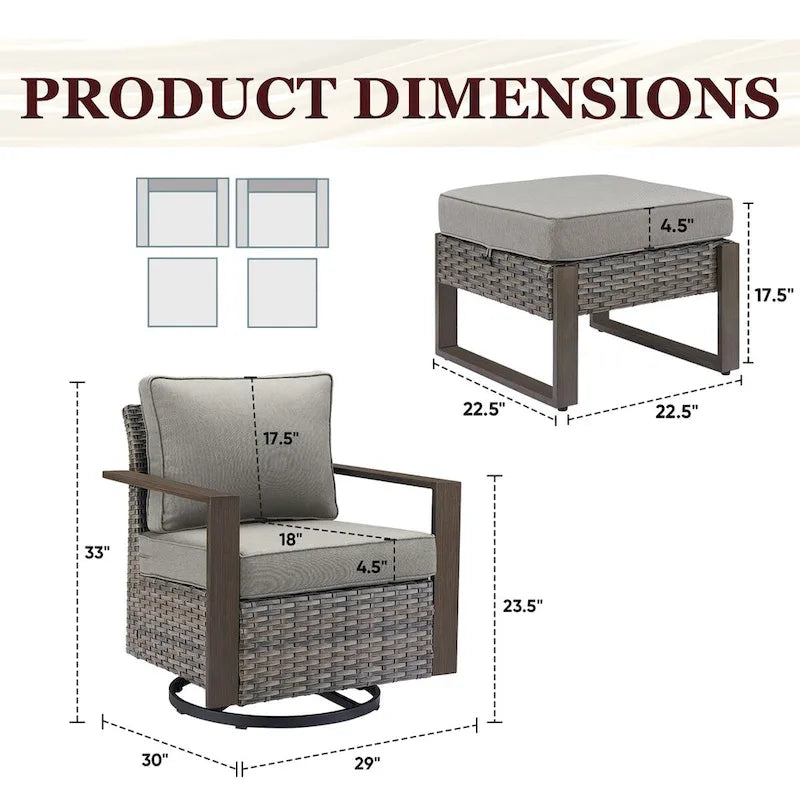 Ensemble bistro de patio Gymojoy avec chaises berçantes et repose-pieds - Gris