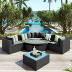 Ensemble de canapés d'extérieur en résine tressée 7 pièces, canapé-lit en rotin avec coussins colorés, canapé de conversation, pour patio, jardin, terrasse