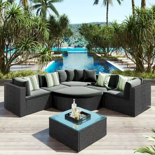 Ensemble de canapés d'extérieur en résine tressée 7 pièces, canapé-lit en rotin avec coussins colorés, canapé de conversation, pour patio, jardin, terrasse
