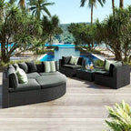 Ensemble de canapés d'extérieur en résine tressée 7 pièces, canapé-lit en rotin avec coussins colorés, canapé de conversation, pour patio, jardin, terrasse