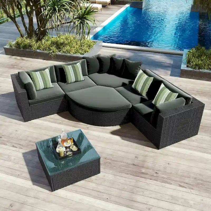 Ensemble de canapés d'extérieur en résine tressée 7 pièces, canapé-lit en rotin avec coussins colorés, canapé de conversation, pour patio, jardin, terrasse