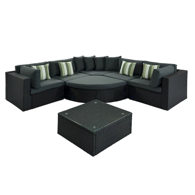 Ensemble de canapés d'extérieur en résine tressée 7 pièces, canapé-lit en rotin avec coussins colorés, canapé de conversation, pour patio, jardin, terrasse