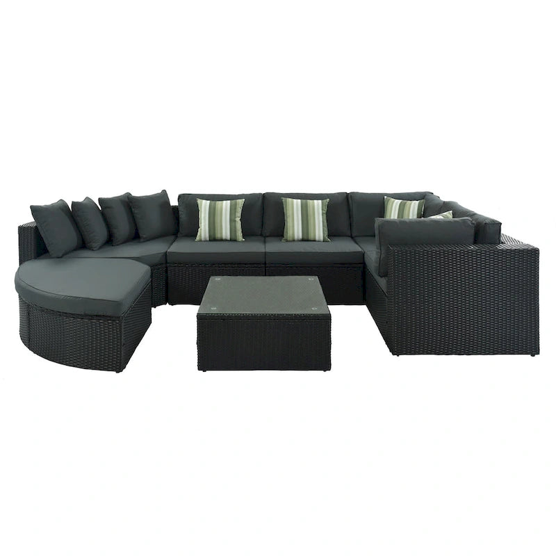 Ensemble de canapés d'extérieur en résine tressée 7 pièces, canapé-lit en rotin avec coussins colorés, canapé de conversation, pour patio, jardin, terrasse