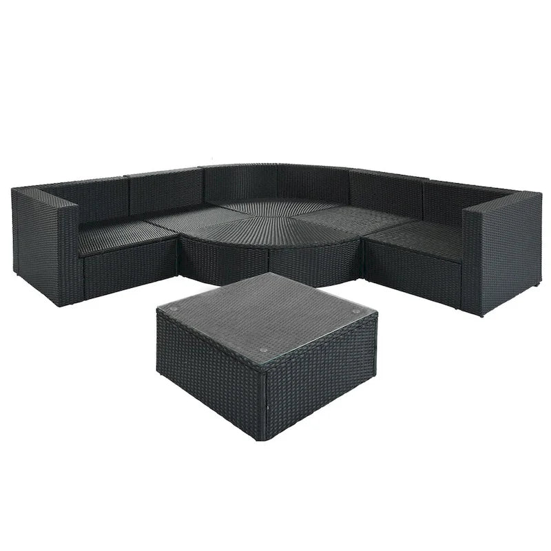 Ensemble de canapés d'extérieur en résine tressée 7 pièces, canapé-lit en rotin avec coussins colorés, canapé de conversation, pour patio, jardin, terrasse