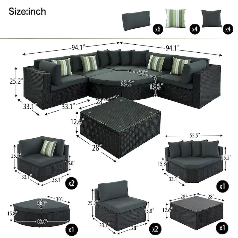 Ensemble de canapés d'extérieur en résine tressée 7 pièces, canapé-lit en rotin avec coussins colorés, canapé de conversation, pour patio, jardin, terrasse