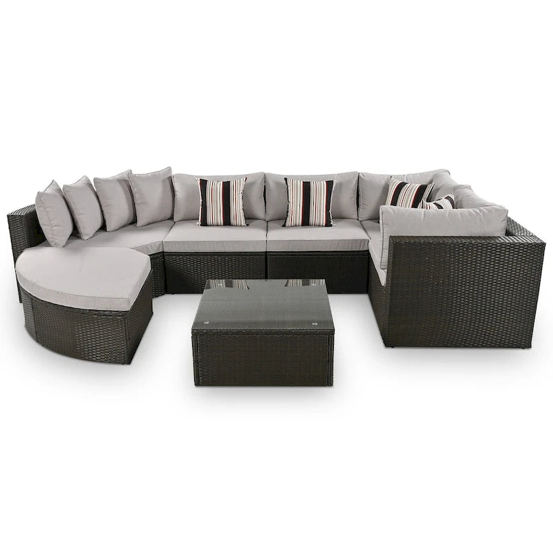 Ensemble de canapés d'extérieur en résine tressée 7 pièces, canapé-lit en rotin avec coussins colorés, canapé de conversation, pour patio, jardin, terrasse