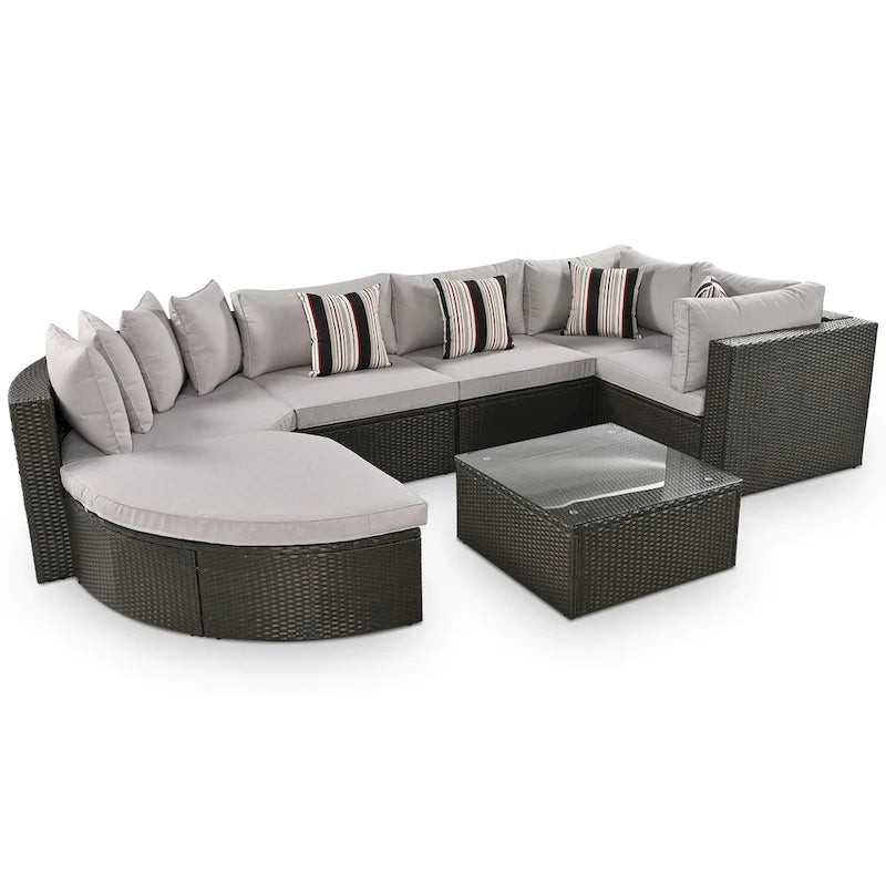 Ensemble de canapés d'extérieur en résine tressée 7 pièces, canapé-lit en rotin avec coussins colorés, canapé de conversation, pour patio, jardin, terrasse