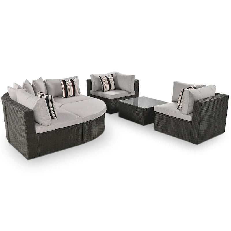 Ensemble de canapés d'extérieur en résine tressée 7 pièces, canapé-lit en rotin avec coussins colorés, canapé de conversation, pour patio, jardin, terrasse