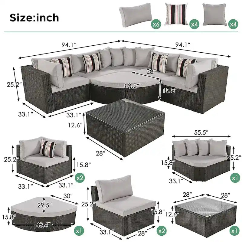 Ensemble de canapés d'extérieur en résine tressée 7 pièces, canapé-lit en rotin avec coussins colorés, canapé de conversation, pour patio, jardin, terrasse