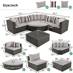 Ensemble de canapés d'extérieur en résine tressée 7 pièces, canapé-lit en rotin avec coussins colorés, canapé de conversation, pour patio, jardin, terrasse