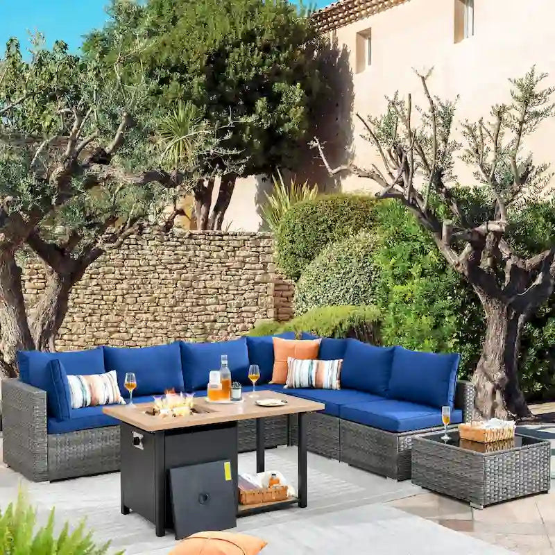 Ensemble de mobilier de jardin en résine tressée 8 pièces avec canapé et foyer extérieur HOOOWOOO