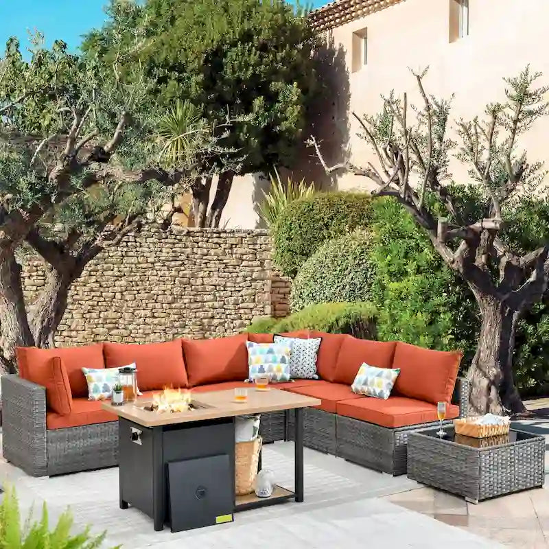 Ensemble de mobilier de jardin en résine tressée 8 pièces avec canapé et foyer extérieur HOOOWOOO