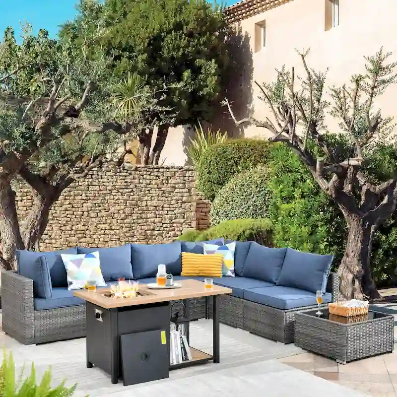 Ensemble de mobilier de jardin en résine tressée 8 pièces avec canapé et foyer extérieur HOOOWOOO