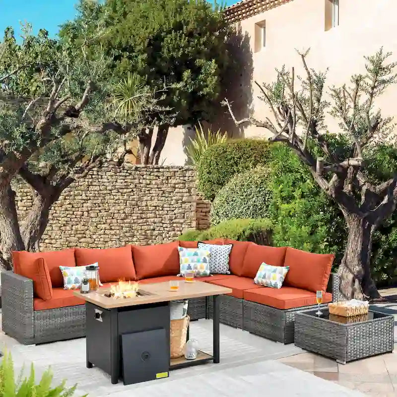 Ensemble de mobilier de jardin en résine tressée 8 pièces avec canapé et foyer extérieur HOOOWOOO