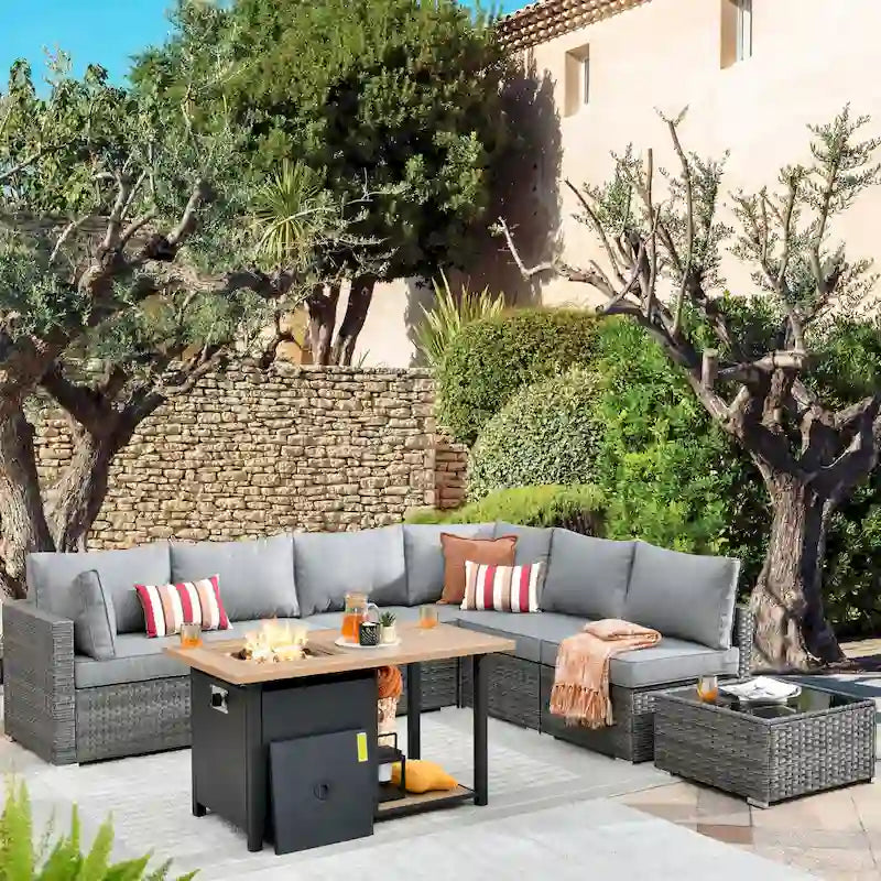 Ensemble de mobilier de jardin en résine tressée 8 pièces avec canapé et foyer extérieur HOOOWOOO