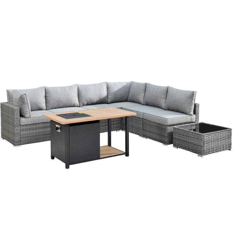 Ensemble de mobilier de jardin en résine tressée 8 pièces avec canapé et foyer extérieur HOOOWOOO