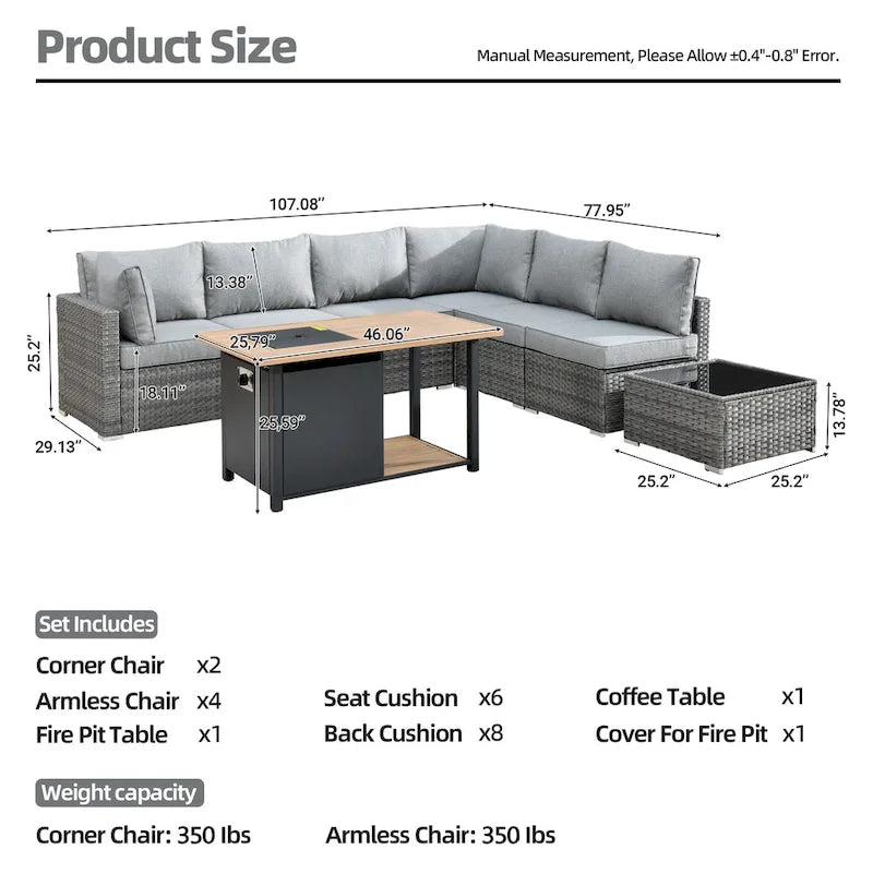 Ensemble de mobilier de jardin en résine tressée 8 pièces avec canapé et foyer extérieur HOOOWOOO