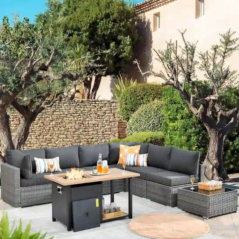Ensemble de mobilier de jardin en résine tressée 8 pièces avec canapé et foyer extérieur HOOOWOOO