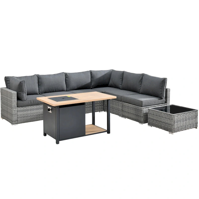Ensemble de mobilier de jardin en résine tressée 8 pièces avec canapé et foyer extérieur HOOOWOOO