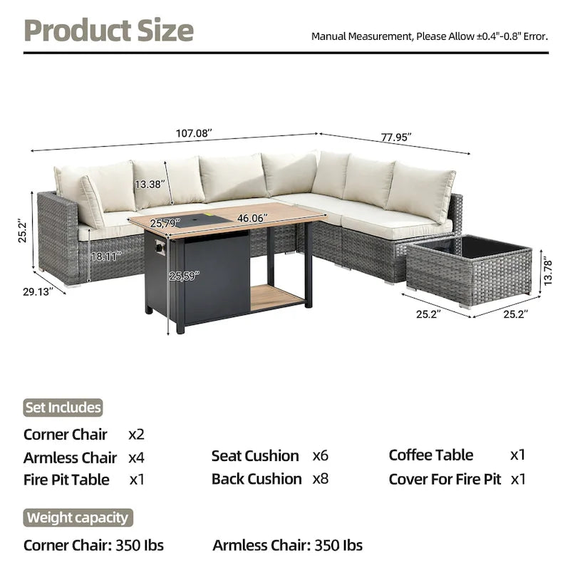 Ensemble de mobilier de jardin en résine tressée 8 pièces avec canapé et foyer extérieur HOOOWOOO