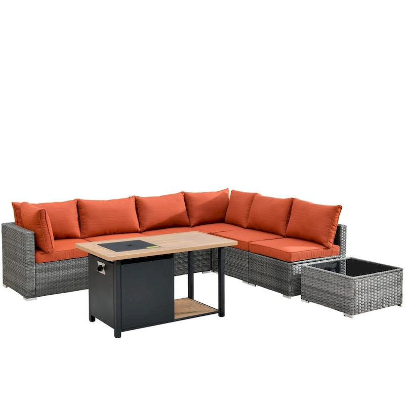 Ensemble de mobilier de jardin en résine tressée 8 pièces avec canapé et foyer extérieur HOOOWOOO