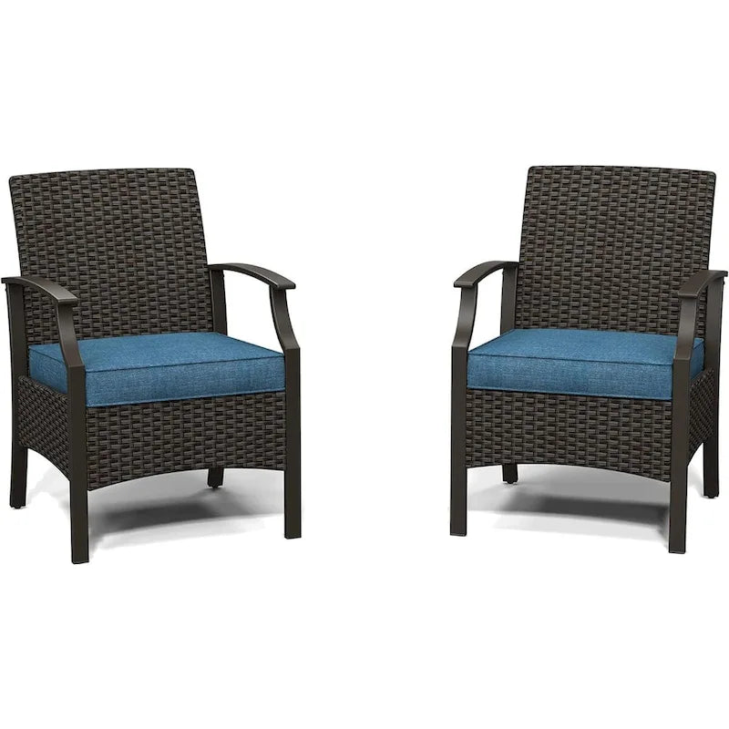 Wicker Formal Dinning Chair Side Table Set With Blue Cushions In Metal Frame (Set of 3)