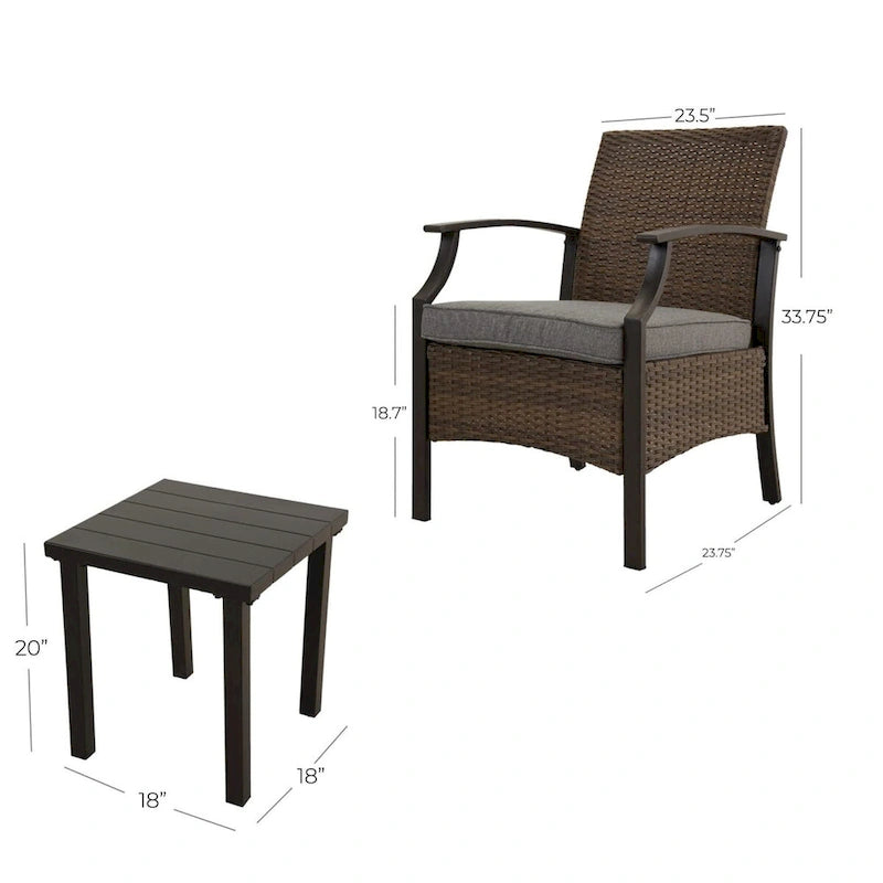 Ensemble de 3 chaises de salle à manger formelles en osier avec tables d'appoint et coussins bleus dans une structure en métal