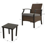 Ensemble de 3 chaises de salle à manger formelles en osier avec tables d'appoint et coussins bleus dans une structure en métal