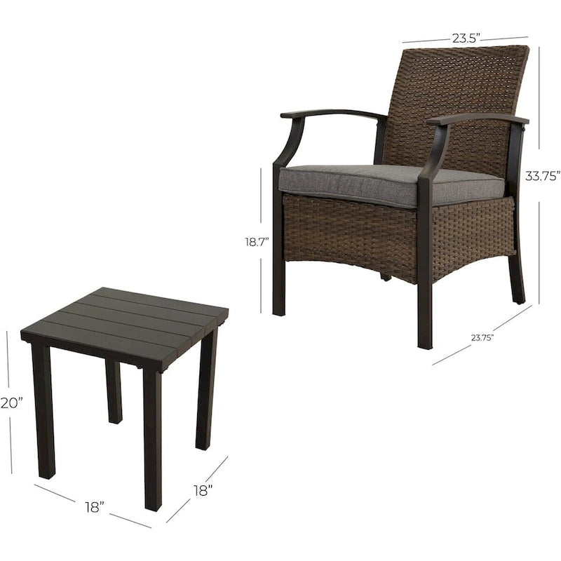 Ensemble de 3 chaises de salle à manger formelles en osier avec tables d'appoint et coussins bleus dans une structure en métal