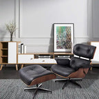 Fauteuil lounge pivotant HomeRoots 35 en cuir capitonné noir et marron avec repose-pieds - 34,6