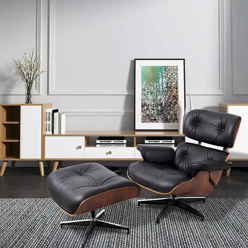 Fauteuil lounge pivotant HomeRoots 35 en cuir capitonné noir et marron avec repose-pieds - 34,6