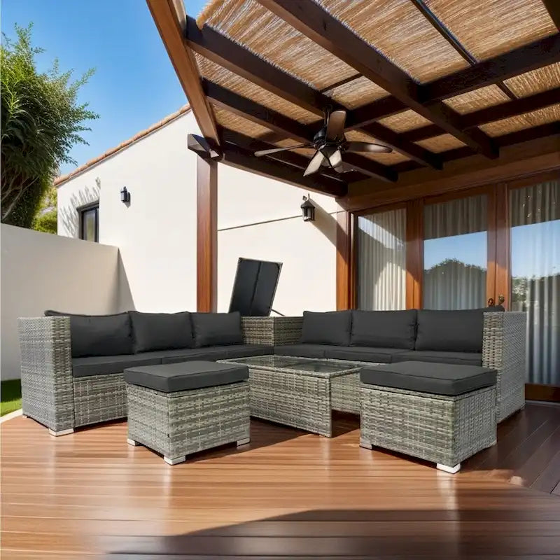 Ensemble de mobilier de jardin modulable 8 pièces haut de gamme en rotin tressé : résine tressée grise, coussins noirs, plateau en verre