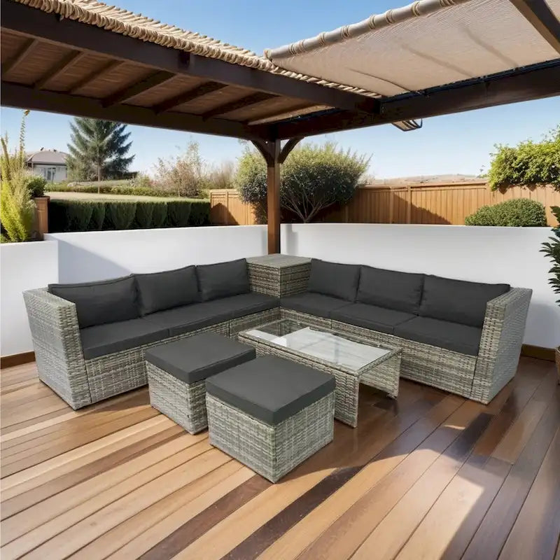 Ensemble de mobilier de jardin modulable 8 pièces haut de gamme en rotin tressé : résine tressée grise, coussins noirs, plateau en verre