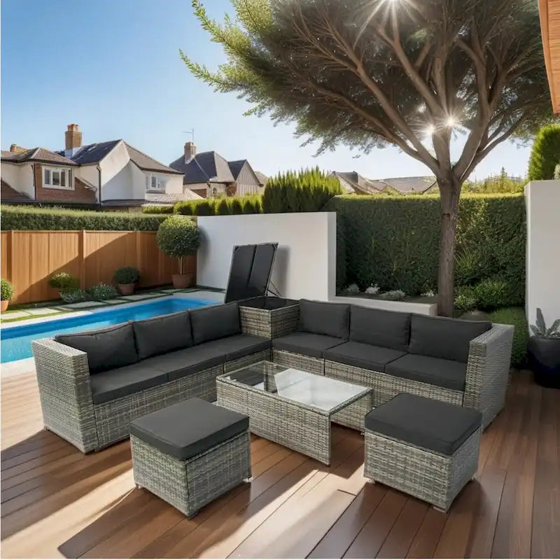 Ensemble de mobilier de jardin modulable 8 pièces haut de gamme en rotin tressé : résine tressée grise, coussins noirs, plateau en verre