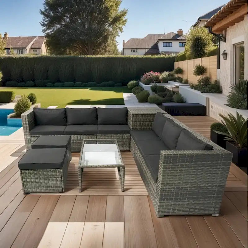Ensemble de mobilier de jardin modulable 8 pièces haut de gamme en rotin tressé : résine tressée grise, coussins noirs, plateau en verre