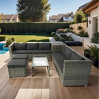 Ensemble de mobilier de jardin modulable 8 pièces haut de gamme en rotin tressé : résine tressée grise, coussins noirs, plateau en verre