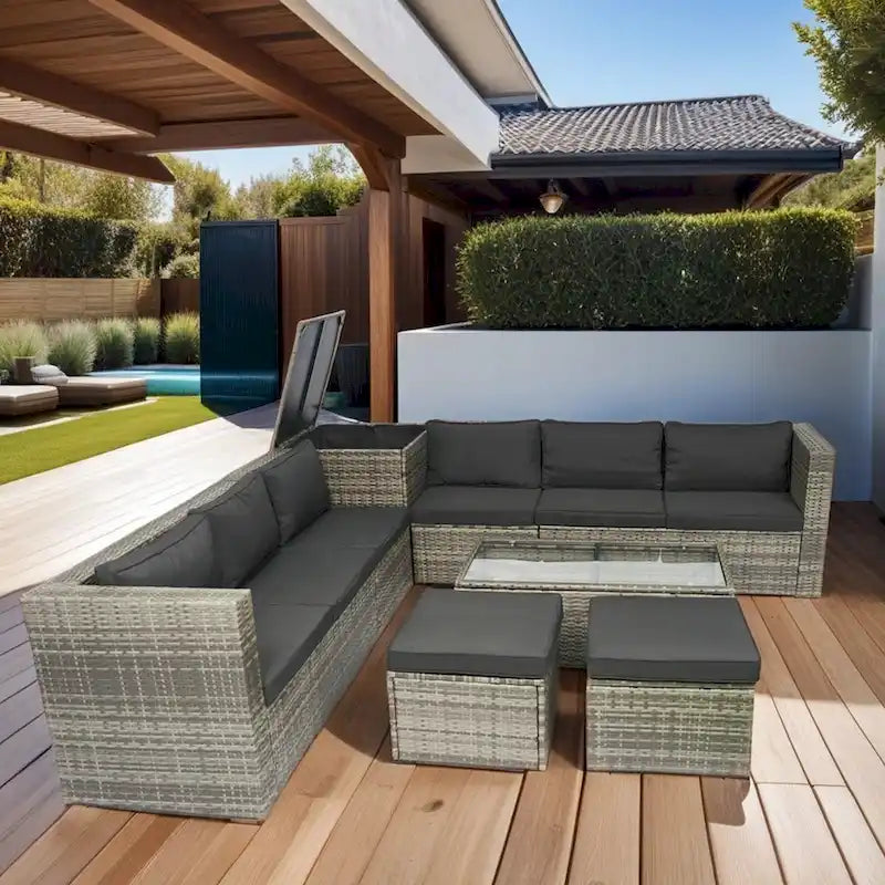 Ensemble de mobilier de jardin modulable 8 pièces haut de gamme en rotin tressé : résine tressée grise, coussins noirs, plateau en verre