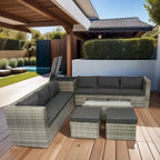 Ensemble de mobilier de jardin modulable 8 pièces haut de gamme en rotin tressé : résine tressée grise, coussins noirs, plateau en verre