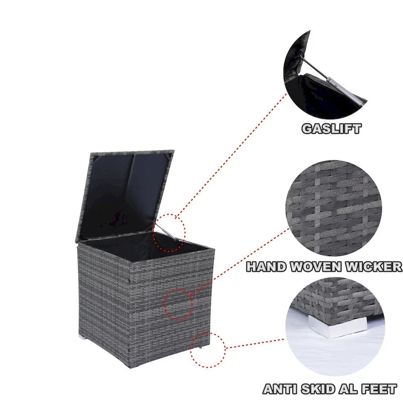 Ensemble de mobilier de jardin modulable 8 pièces haut de gamme en rotin tressé : résine tressée grise, coussins noirs, plateau en verre