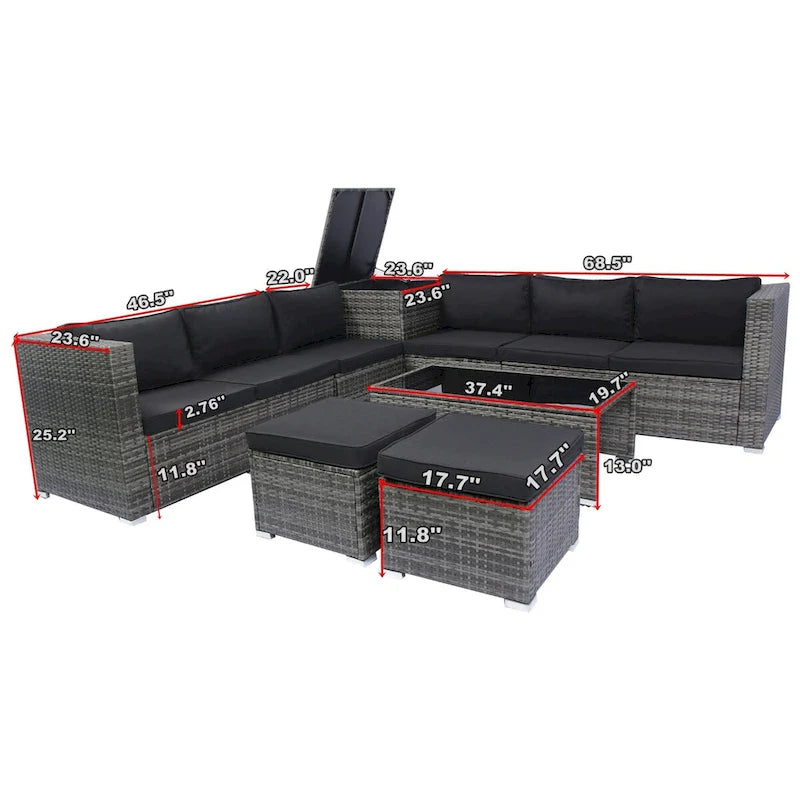Ensemble de mobilier de jardin modulable 8 pièces haut de gamme en rotin tressé : résine tressée grise, coussins noirs, plateau en verre
