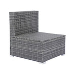 Ensemble de mobilier de jardin modulable 8 pièces haut de gamme en rotin tressé : résine tressée grise, coussins noirs, plateau en verre